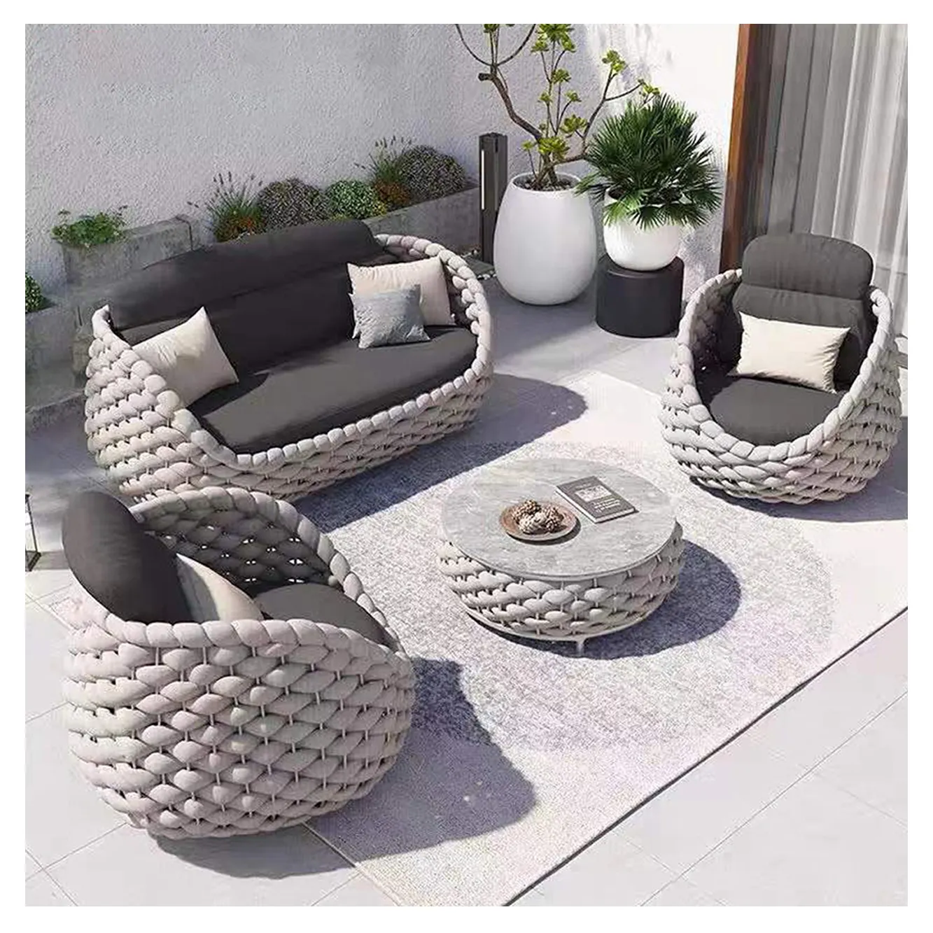 Contemporary outdoor furniture set leisure patio garden woven rope teak sofas combination