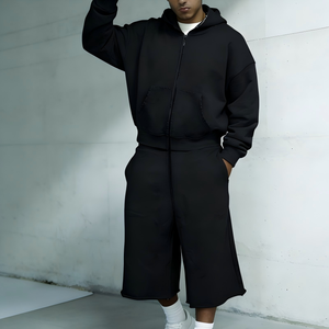 Custom <strong>Men</strong> Boxy Zip up <strong>Hoodie</strong> Cut off Sweat <strong>Shorts</strong> 34 Length Sweatpants <strong>Set</strong> Streetwear Hip Hop Oversized Hoodies <strong>and</strong> Sweatpants - Product Image 3