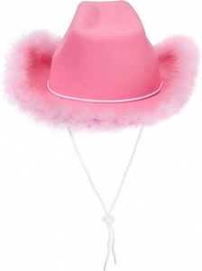 Chapeaux de cowgirl de style occidental pour femmes et filles, chapeau Fedora à bord roulé, bordure en plumes, rose, chapeaux de cowgirl - Product Image 3