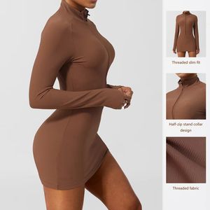 リブ編み長袖ハーフジッパーヨガボディスーツスタンドカラージムドレス（女性用高強度フィットネス・テニスウェア） - Product Image 2