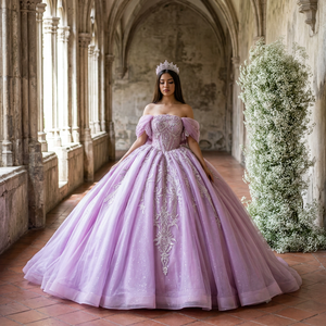 Ball Gown Applique Lace Beads Tiered Sweet 16 Party <b>Floor</b>-Length Quinceanera Dress Chapel Train Shiny LSMC62 Organza Natural - Product Image 1