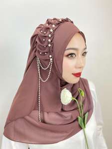 TOMO donne Mohammed scialle tinta tinta unita <span class=keywords><strong>Bandana</strong></span> <span class=keywords><strong>con</strong></span> abito plissettato di perle di Chiffon perline Nude Malaysia Hijab sciarpe da <span class=keywords><strong>donna</strong></span> - Product Image 4