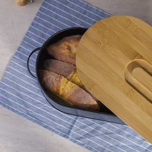 Household Kitchen Food Storage Container Iron Baking <strong>Bread</strong> <strong>Bin</strong> Organizer Bamboo Lid Metal <strong>Bread</strong> Box with Handle - Product Image 4