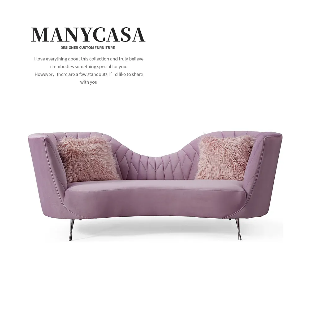 Italiano de lujo luz curva Irregular de tela de terciopelo sofá con patas de Metal largo tapicería sofá estudio Boda nupcial salón sofá