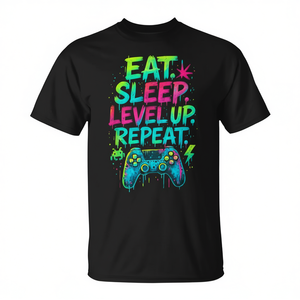 Camiseta para hombre negra con diseño de videojuego Eat Sleep Level Up Repeat Gamer - Product Image 2