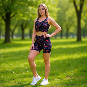 TC372 Completo Sportivo da Donna 2 Pezzi con Pantaloncini, Stampa Geometrica, Traspirante, in Spandex e Poliestere, Sopra il Ginocchio, Vestibilità Regolare, Primavera Estate - Product Image 2