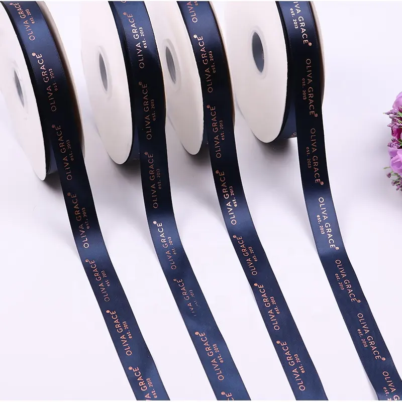 Cinta de regalo OEM con estampado en caliente, cinta de satén personalizada de 2,5 cm, 3D, oro rosa con Logo, venta al por mayor