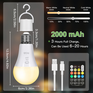 Ampoules LED <span class=keywords><strong>E27</strong></span> rechargeables en gros, ampoule d'urgence RGB moderne à bouton, dimmable 7W 3CCT, blanc intelligent pour chambre et salon - Product Image 5
