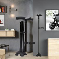 Canne de marche pliable réglable en hauteur avec lumière LED, poignée auxiliaire et base à quatre points pour personnes âgées, aide à la mobilité