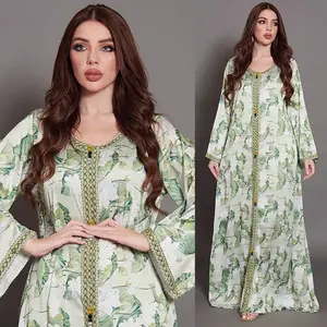 High Quality New Arrival Celebrity Muslim Dress Floral Printed Abaya Muslim Jalabiya Robe Dress