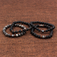Bracelet en perles de pierre naturelle vintage en gros, bracelet élastique en bois avec pierre noire en fer, bracelet de couple personnalisé