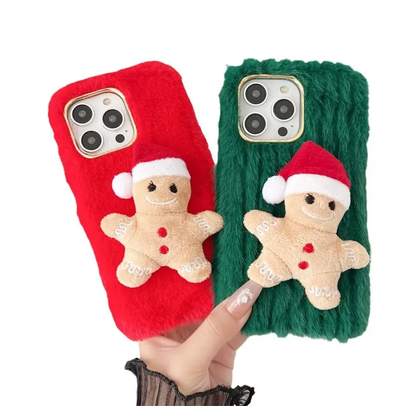 Plush Phone Case Cartoon Christmas Gingerbread Man Mobile Phone Protect Cases Winter for iPhone 15 14 13 12pro Max XR
