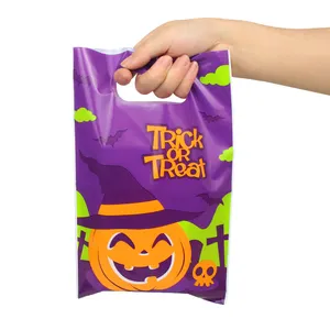 Custom Printed Halloween Candy Bag Recyclable Goodie Die Cut Handle bag Plastic Carring Packaging Bag