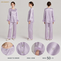 Ensemble deux pièces pour femmes en satin violet clair, avec poignets en plumes, vêtements de détente, vêtements de nuit, fabrication sur mesure, étiquette privée OEM