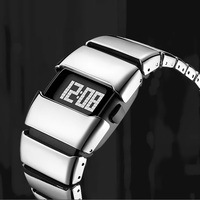 Jam tangan unik baja tahan karat pria, jam tangan logam unik tali baja tahan karat tampilan LCD Digital keren