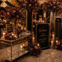 Ensemble de décoration de mariage moderne et luxueux, noir mat, arche, drapé en velours, lustre en cristal, toile de fond LED, personnalisation OEM complète