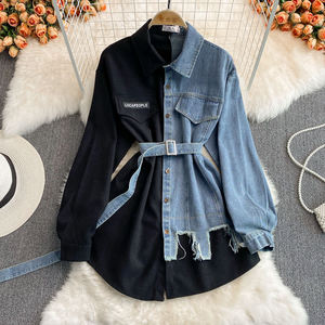 Robe à col en V tendance, style coréen, asymétrique, longue, en <span class=keywords><strong>jean</strong></span>, haut en denim, chemisier pour femmes - Product Image 5