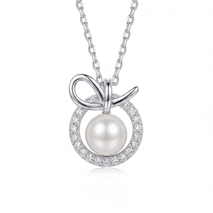 S925 Sterling Silver Shell Pearl Ribbon <b>Bow</b> Pendant Necklace with CZ Circle Frame, Fashion Dainty Pearl Necklace for Women - Product Image 1