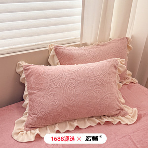 Milk Fleece Four-Piece <b>Bedding</b> <b>Set</b> Autumn Winter Warm Princess Style With Lace Embroidered Anti-static - Product Image 4