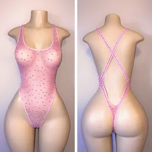 Factory OEM Nylon Mesh 1 Piece Lingerie Ladies Sexy Rhinestone Exotic Dancewear Women Night Club Clothes Stripper Outfit