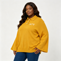 Pull en maille personnalisé pour femme grande taille, col polo, manches cloche, avec lettres brodées, style grec