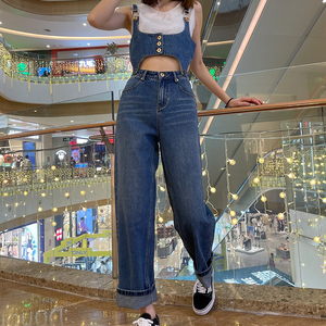 Pantalon en denim de coton bleu personnalisé-Loose Casual High Regular Leg Stretch pour les femmes <span class=keywords><strong>Baggy</strong></span> Wide Straight <span class=keywords><strong>Slim</strong></span> Fit Overalls Mid - Product Image 2
