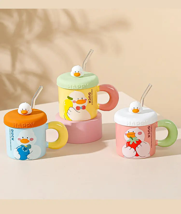 Taza con forma de cerámica superventas, taza de pato bonita de dibujos animados, diseño único, taza para beber con personalidad para niños