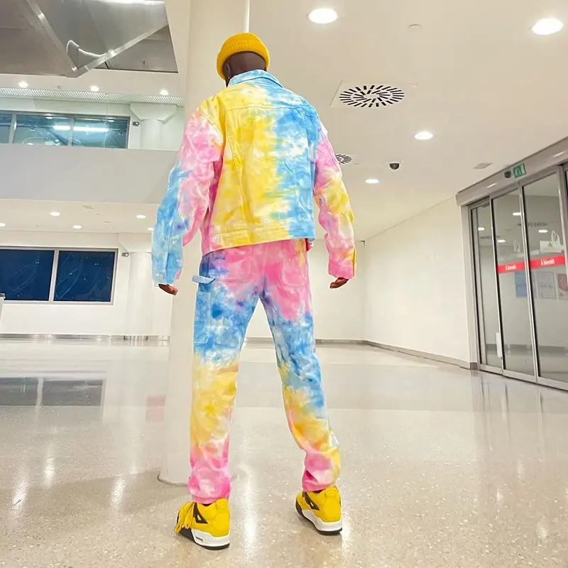 DiZNEW New Arrival colorful tie-dye button-up jean jacket and pants suit for men Fall fashion denim two piece set