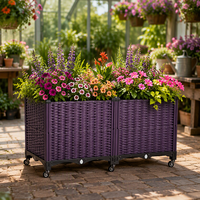 Jardinière rectangulaire en plastique imitation rotin PP, lit de jardin surélevé en osier tressé marron, léger, avec roulettes, trous de drainage et système d'arrosage automatique