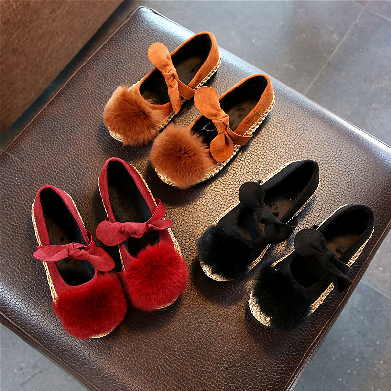 Осень-зима 2021, Детские фланелевые теплые туфли для девочек, повседневная обувь на плоской подошве, симпатичные туфли принцессы с бантом и помпоном