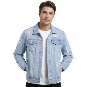 Veste en jean déchirée bleu clair pour homme, col rabattu, fermeture éclair, style vintage décontracté, manteau de printemps - Product Image 1