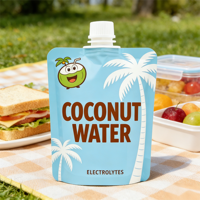 Pochette souple personnalisée avec bec verseur, qualité alimentaire, rechargeable, pour jus, liquides, eau de coco, avec buse et bouchon à vis