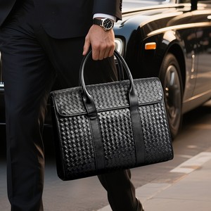 Herren Schwarze Geflochtene Echtleder-Laptoptasche Rindsleder-Handtasche Alltägliche Geschäftsleute-Aktentasche Computertasche für Männer - Product Image 6