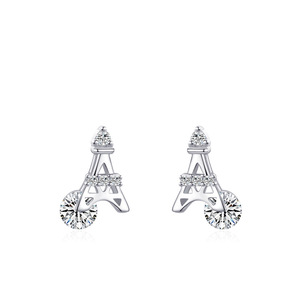 Boucles d'oreilles clous Tour Eiffel en argent sterling S925 avec zircone taille ronde, version cuivre personnalisable - Cadeau créatif pour femme - Product Image 1