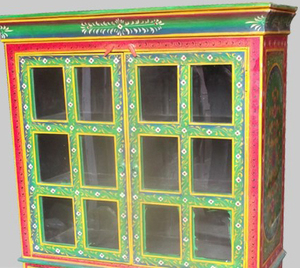 Antique Look Reclaimed Recycled Mango Wood <b>Green</b> Hand Painted Wardrobe Almirah <b>Cabinet</b> with Glass Fitted For Living Room Hotel - Product Image 5