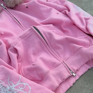 Schwerer französischer Terry Winter rosa <span class=keywords><strong>Hoodie</strong></span> Benutzer definiertes Logo Digital gedruckte Männer Regular Fit Abnehmbare Kunst pelz Reiß verschluss Casual Hoodies - Product Image 3