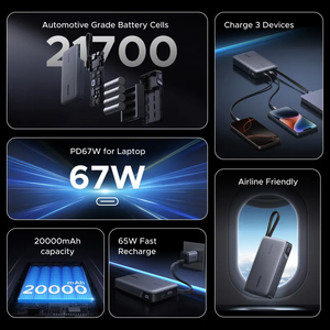 Banco de Energía Portátil de 67W y 20000mAh con Cable Integrado, Carga Rápida PD para Teléfonos Inteligentes, Tabletas y Laptops, Paquete de Baterías PB550/PB556 PB550/PB55 - Product Image 3