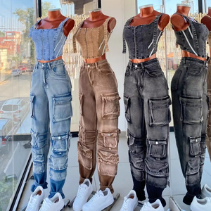 <span class=keywords><strong>Jeans</strong></span> Cargo Estivi da <span class=keywords><strong>Donna</strong></span>, Vita Alta, Multi-Tasche, Gamba Larga, <span class=keywords><strong>Denim</strong></span> Traspirante, Stile Dritto, Vestibilità Comoda - Product Image 2