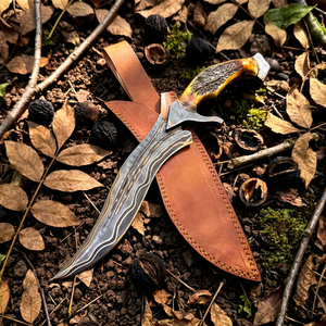 Couteau de chasse Bowie haut de gamme fait main en acier Damas cuivré, avec manche en bois de cerf et garde en cuivre, lame fixe de 10 pouces à pointe clip. - Product Image 1