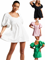 Robe Courte Décontractée pour Femme, Col Carré, Buste Froncé, Manches Courtes Bouffantes, 100% Coton, Taille Haute, Style Princesse, Écologique, pour Vacances, ODM/OEM
