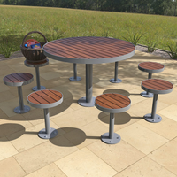 Ensemble table ronde d'extérieur personnalisée plateau en bois et matériau en acier table de pique-nique banc café restaurant adapté à plusieurs personnes