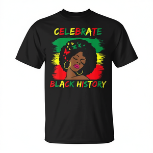 Camiseta Celebrando la Historia Negra con Diseño de Mujer Afro, Colores Rasta y Mensaje de Empoderamiento - Product Image 2