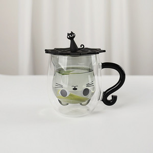 Atacado Bonito Gato Claro Em Forma De Parede Dupla Copo De Café De Vidro com Alça e Tampa Alta Borosilicato Dos Desenhos Animados Gato Caneca De Café - Product Image 3