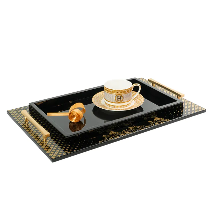 Sawtru luxury black glossy serving wooden tray silk screen with gold handles