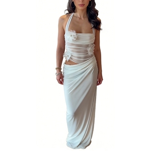 เดรสยาวคอ halter สำหรับผู้หญิง ผ้าตาข่ายบาง แต่งระบายช่วงเอว ตัดเว้าหลัง ชุดราตรีออกงานลายดอกไม้ แฟชั่น - Product Image 2