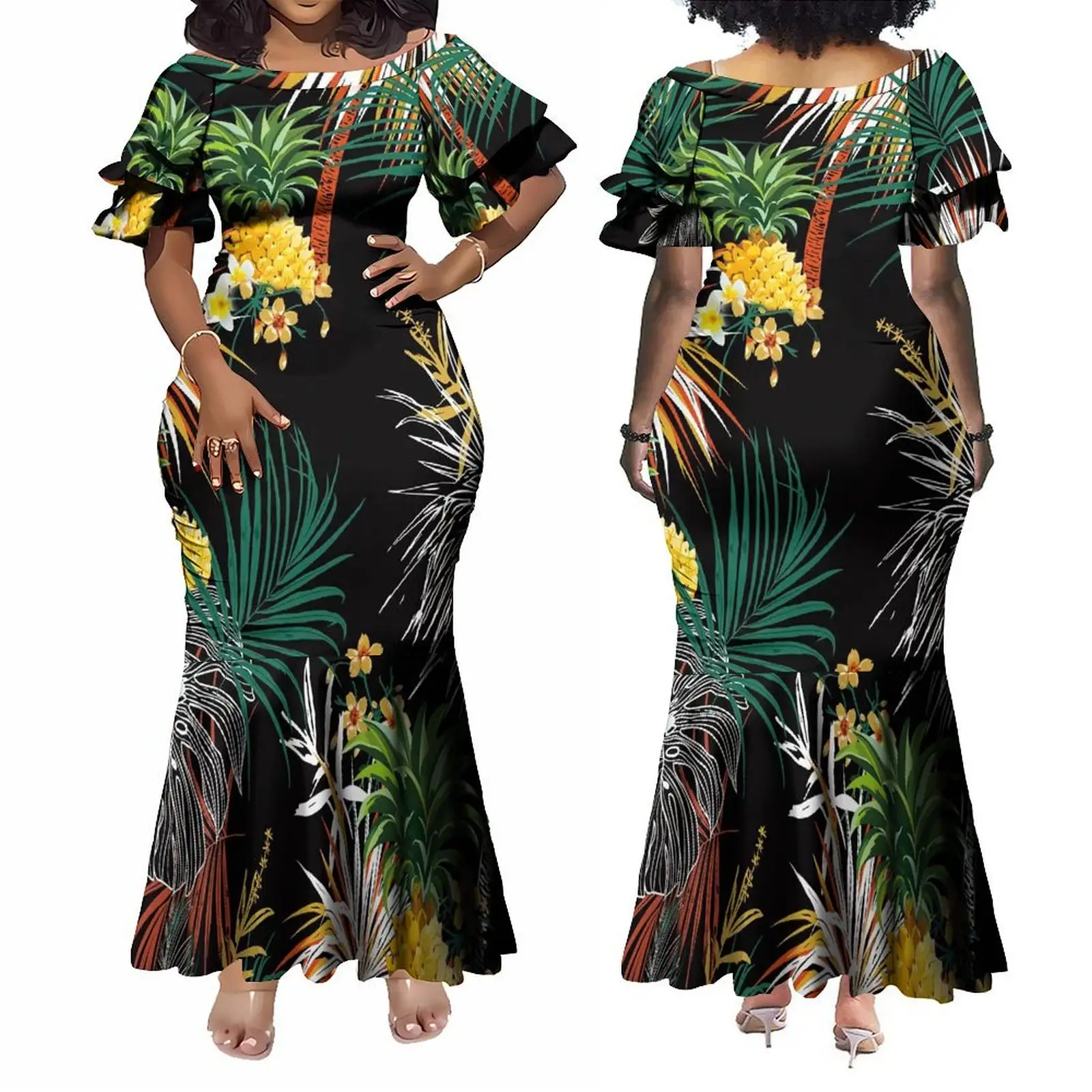 Island Style Design Flower Printed Double Layered Ruffle Sleeve Bodycon Fishtail Dress Custom Long Maxi Evening Dresses Gowns