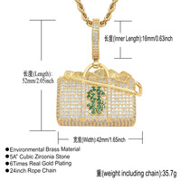 Collier pendentif Hip Hop Dollar glacé, motif sac à main et billet de banque en dollars américains