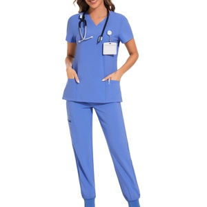 Women's Stretch V-Neck Nurse <b>Scrub</b> <b>Top</b> & Jogger Pant Set with 8 Pockets 100% Polyester Hospital <b>Scrubs</b> - Product Image 3