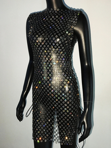 Mini-robe en résille ornée de strass pour femme, sexy, sans manches, fendue sur le côté, style bandage, pour la plage ou comme cache-maillot d'été - Product Image 5