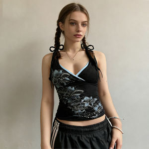 Top Corto Estilo Americano para Mujer, Estampado Floral Vintage, Estilo Halter, Ribete en Contraste, Ajuste Delgado, Sexy, Estilo Y2K - Product Image 3